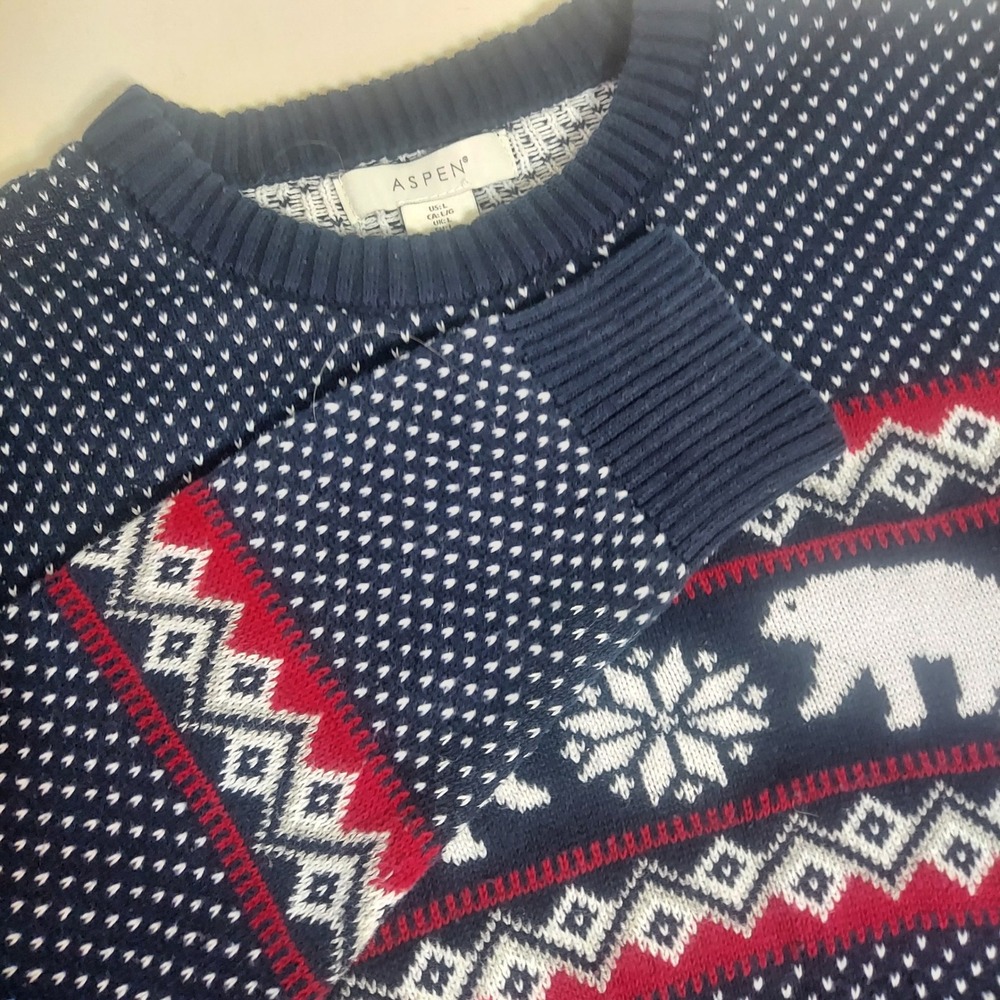 Aspen Polar Bear Snowflake Sweater Crew‎ Neck Christmas Holiday Navy L